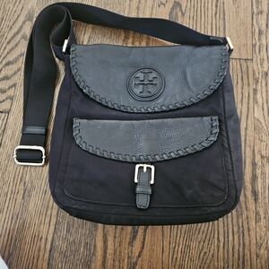 Tory Burch Black Leather-Trim Messenger Bag